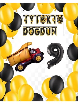 Bal10 Dünyası Inşaat Temalı Doğum Günü Banner Kamyon Şekilli Balon Seti Siyah Yaş 9