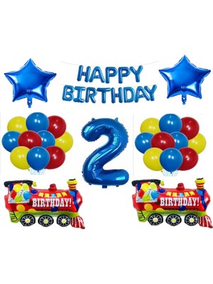 Bal10 Dünyası Mavi Happy Bırthday Yıldız Rakam Tren Folyo Balon Seti Yaş 2