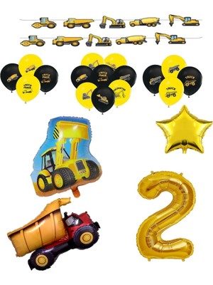 Bal10 Dünyası Inşaat Temalı Doğum Günü Bannerlı Kamyon Kepçe Şekilli Balon Seti Yaş 2