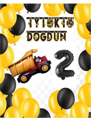 Best Parti Inşaat Temalı Doğum Günü Banner Kamyon Şekilli Balon Seti Siyah Yaş 2
