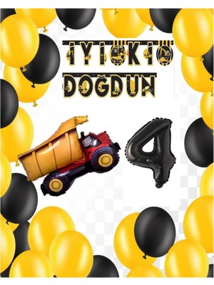 Best Parti Inşaat Temalı Doğum Günü Banner Kamyon Şekilli Balon Seti Siyah Yaş 4