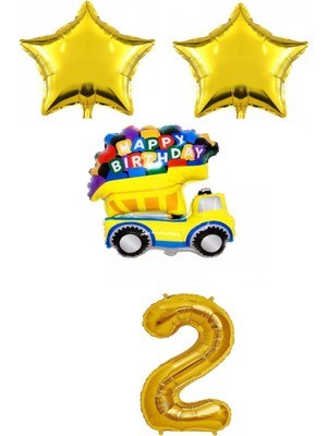 Rönesans Parti Gold Yıldız Happy Bırthday Yazılı Folyo Araba Rakam Balon Seti Yaş 2
