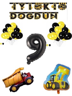 Best Parti Inşaat Temalı Doğum Günü Banner Kamyon Kepçe Şekilli Balon Seti Siyah Yaş 9