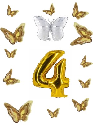 Best Parti Beyaz Kelebek Folyo Balon Temalı Doğum Günü Parti Seti Gold Yaş 4