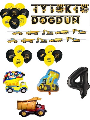 Bal10 Dünyası Inşaat Temalı Doğum Günü Bannerlı Kamyon Kepçe Şekilli Balon Seti Yaş 4