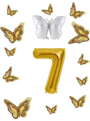 Best Parti Beyaz Kelebek Folyo Balon Temalı Doğum Günü Parti Seti Gold Yaş 7