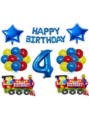 Bal10 Dünyası Mavi Happy Bırthday Yıldız Rakam Tren Folyo Balon Seti Yaş 4