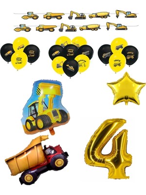 Best Parti Inşaat Temalı Doğum Günü Bannerlı Kamyon Kepçe Şekilli Balon Seti Yaş 4