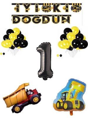 Best Parti Inşaat Temalı Doğum Günü Banner Kamyon Kepçe Şekilli Balon Seti Siyah Yaş 1