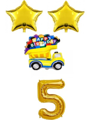 Rönesans Parti Gold Yıldız Happy Bırthday Yazılı Folyo Araba Rakam Balon Seti Yaş 5