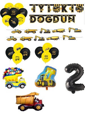 Bal10 Dünyası Inşaat Temalı Doğum Günü Bannerlı Kamyon Kepçe Şekilli Balon Seti Yaş 2