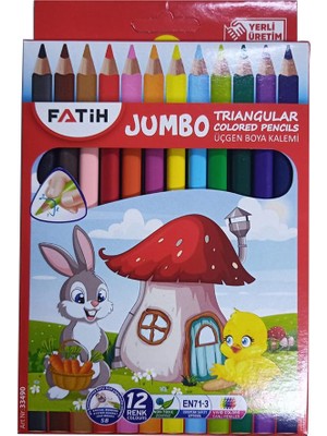 Fatih 12 Li Jumbo Üçgen Kuru Boya Triangular 1 Paket Jumbo Üçgen Boya Kalemi 12 Renk Kuruboya