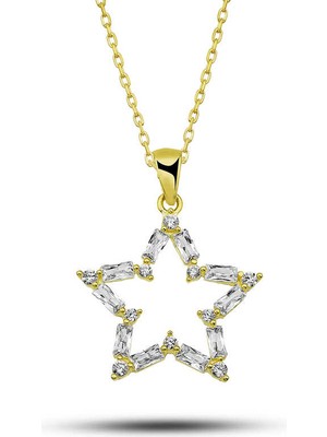 925 Gümüş Gümüş Gold Baget Taşlı Yıldız Kadın Kolye