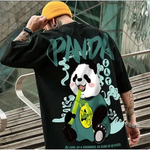 Amor Man Büyük Beden Özel Tasarım Panda Sırt Baskılı %100 Pamuk Sokak Stili Hip Hop Erkek T-Shırt
