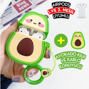 Airpods 1. ve 2. Nesil Uyumlu Avokado Figür Sevimli Koruyucu Silikon Kılıf ve Avokado Kablo Koruyucu Seti