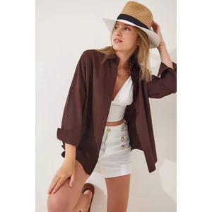 Kadın Kahverengi Oversize Uzun Basic Gömlek HZL22W-BD139001