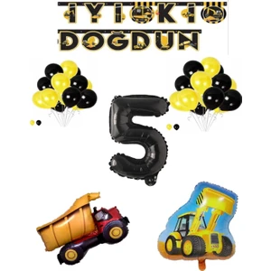 Bal10 Dünyası Inşaat Temalı Doğum Günü Banner Kamyon Kepçe Şekilli Balon Seti Siyah Yaş 5