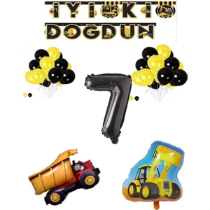 Bal10 Dünyası Inşaat Temalı Doğum Günü Banner Kamyon Kepçe Şekilli Balon Seti Siyah Yaş 7