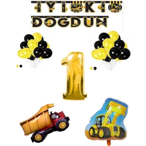 Rönesans Parti Inşaat Temalı Doğum Günü Banner Kamyon Kepçe Şekilli Balon Seti Gold Yaş 1
