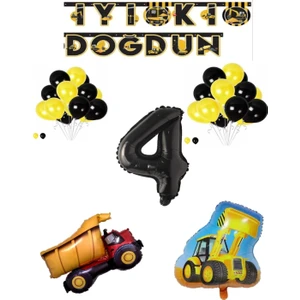 Rönesans Parti Inşaat Temalı Doğum Günü Banner Kamyon Kepçe Şekilli Balon Seti Siyah Yaş 4