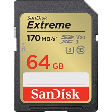 SanDisk Extreme 64GB SDXC Hafıza Kartı 170MB/s UHS Hız Sınıfı U3 V30 ile Yüksek