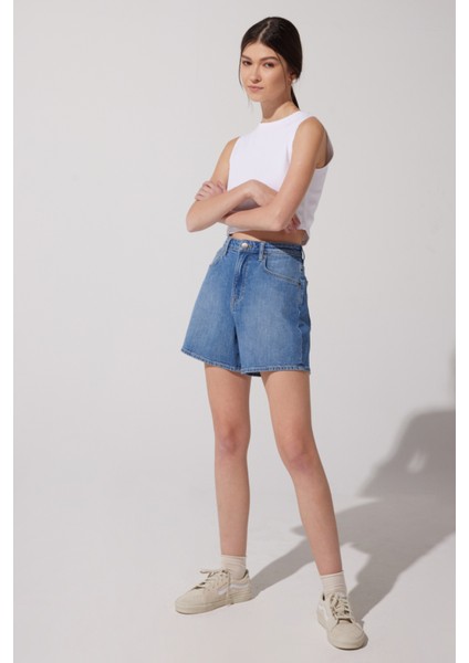 Stella Regular Fit Normal Kesim Yükek Bel Mavi Esnek Jean Kot Şort