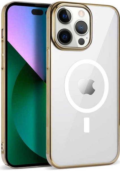 Apple iPhone 13 Pro Max Kılıf Pixel Magsafeli Sert Plastik Rubber Kapak Gold