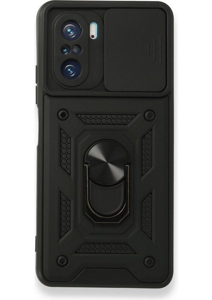 Xiaomi Poco F3 Kılıf Sert Silikon Tank Aramid Sürgülü Vega Yüzüklü Siyah