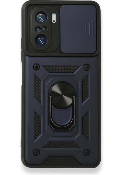 Xiaomi Poco F3 Kılıf Sert Silikon Tank Aramid Sürgülü Vega Yüzüklü Lacivert