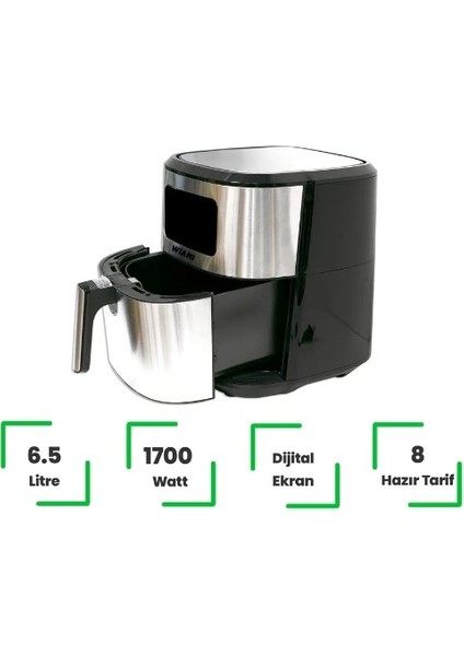 Airfryer 6.5 L Akıllı Yağsız Hava Fritözü Metallic
