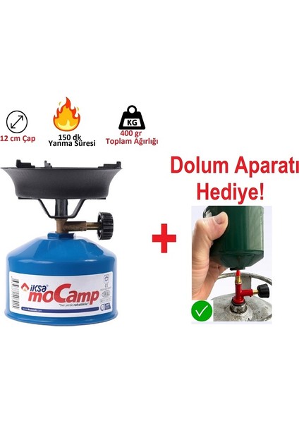 Mini Piknik Tüpü Doldurulabilir Kamp Ocağı Mini Kamp Kartuşu+Nargile Közlüğü (Dolum Aparatı Hediye)