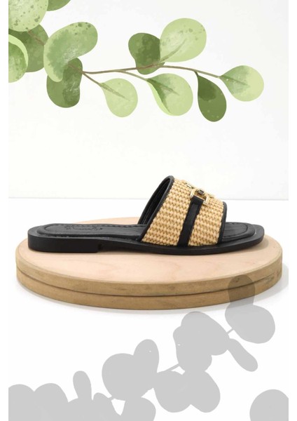 Bej Siyah Hasır Kadın Terlik K04826051628