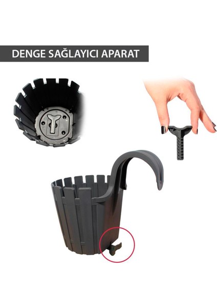 Akasya Tekli Kolay Askı 1,5 Litre Antrasit Gri Askılı Balkon Küpeşte Saksısı Plastik Çit Saksı 15CM