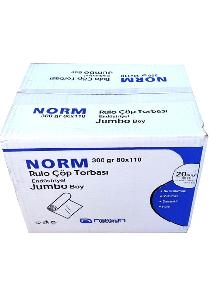 Endüstriyel Jumbo Çöp Torbası Poşeti - 2 Kat - Siyah - 300 Gr. - 80X110 Cm. -10X20 Rulo / Koli