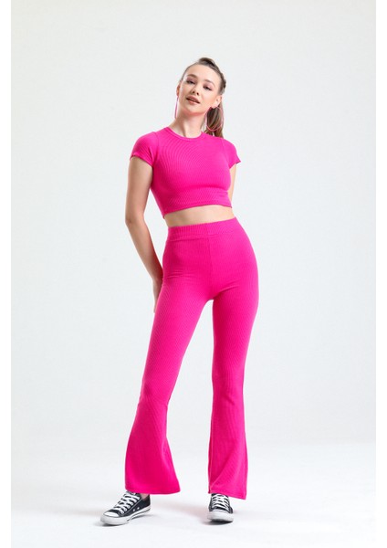 Kadın Pembe Crop Pantolon Takım