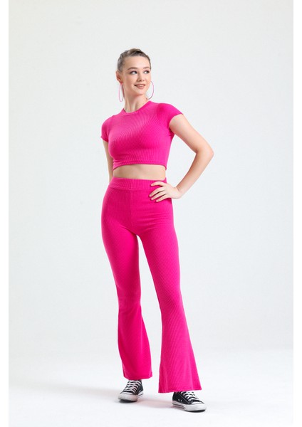 Kadın Pembe Crop Pantolon Takım