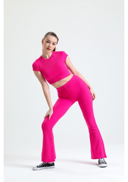 Kadın Pembe Crop Pantolon Takım