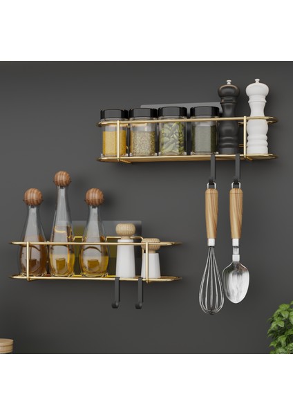 Baharatlık Lüks Metal Gold Mutfak Rafı Yapışkanlı Kancalı Şık Tasarım Tuzluk Askılık