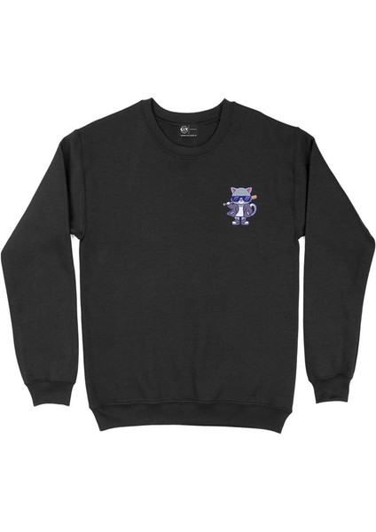 Cool Gözlüklü Kedi Cep Tasarım Baskılı Sweatshirt