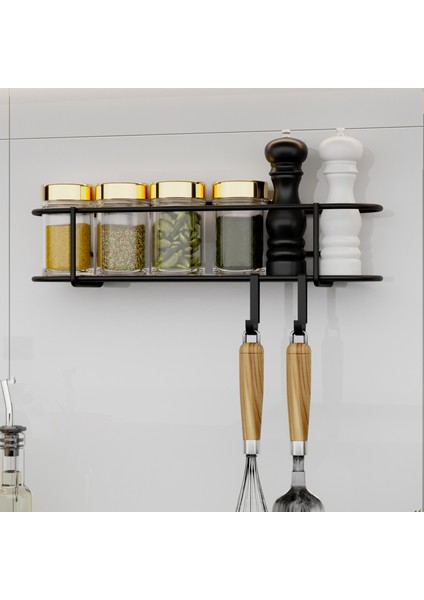 Baharatlık Lüks Metal Siyah Mutfak Rafı Yapışkanlı Kancalı Tasarım Tuzluk Askılık