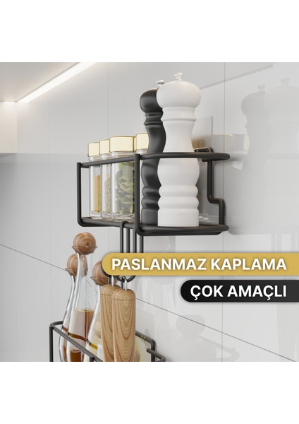 Baharatlık Lüks Metal Siyah Mutfak Rafı Yapışkanlı Kancalı Tasarım Tuzluk Askılık fırsatları