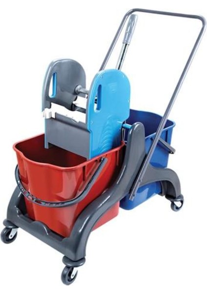 Plastik Temizlik Arabası - Çift Kovalı ve Plastik Paspas Sıkma Presli