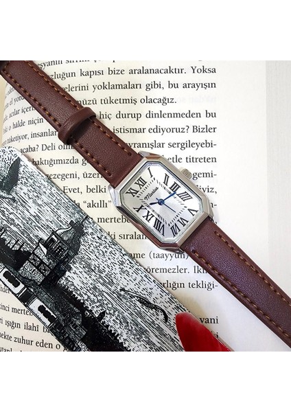 Retro Kadın Kol Saati, Vintage Tasarım, Roma Rakamlı, Deri Kordon, Sekizgen, Kolay Kullanım, Kahverengi Kordon, Gümüş Renk fırsatları