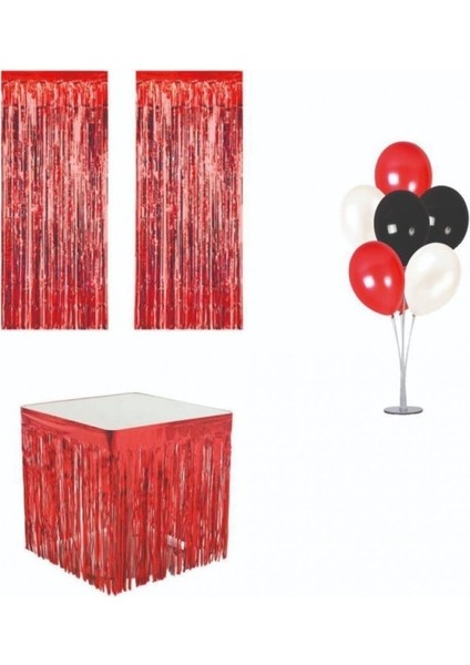 Metalize Kırmızı Masa Püskülü Arka Fon Püskülü ve Kırmızı Siyah Beyaz Balon Standı