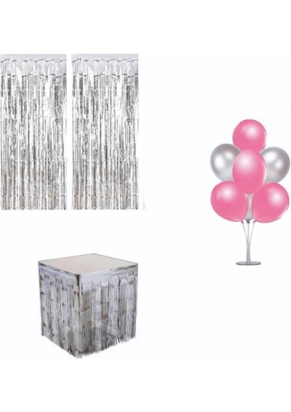 Metalize Gümüş Masa Püskülü Arka Fon Püskülü ve Gümüş Pembe Balon Standı