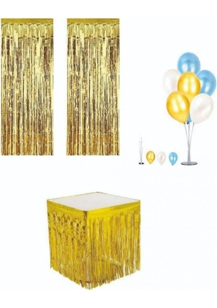 Metalize Gold Masa Püskülü Arka Fon Püskülü ve Gold Mavi Beyaz Balon Standı