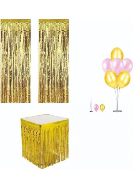 Metalize Gold Masa Püskülü Arka Fon Püskülü ve Gold Pembe Balon Standı
