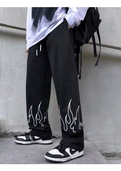 Beyaz Alev Baskılı Pamuk Ispanyol Paça Hip Hop Yazlık Erkek Eşofman Altı
