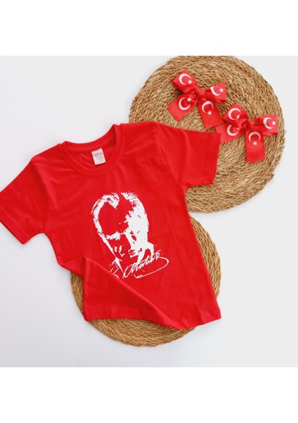 23 Nisan 29 Ekim Gösteri Kostüm Atatürk Baskılı Tşört ve Türk Bayraklı Kurdela Klipsli Tokaset