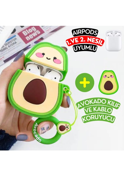 Airpods 1. ve 2. Nesil Uyumlu Avokado Figür Sevimli Koruyucu Silikon Kılıf ve Avokado Kablo Koruyucu Seti